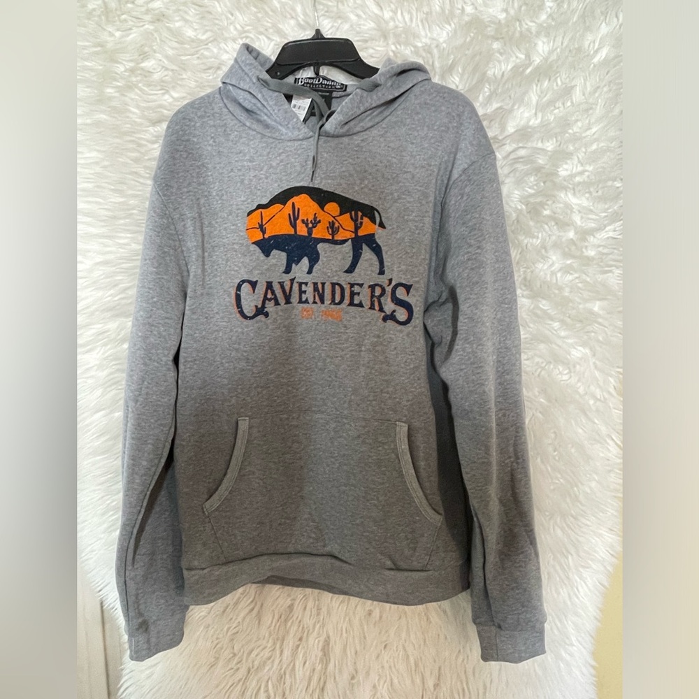 BootDaddy Cavender’s Grey Sunset Buffalo Logo Unisex Graphic Hoodie. Size Large